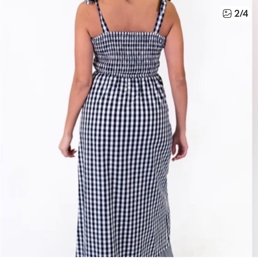Amalli Talli Blue/White Gingham Check Cotton Smocked Front Maxi Tall Dress, XL - Picture 2 of 11
